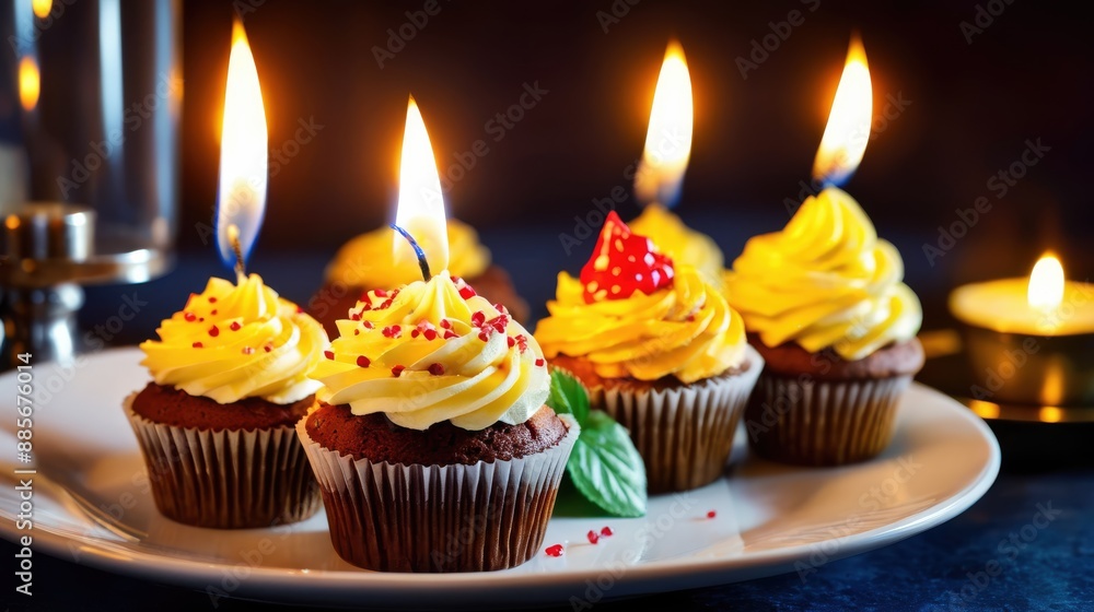 A solitary cupcake with a candle, resting on a dark surface A solitary cupcake with a candle, resting on a dark surface