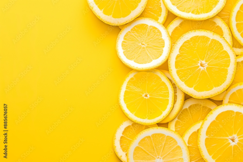 Colorful, vibrant yellow lemon slices on a matching yellow background, emphasizing freshness and summery feel. Colorful, vibrant yellow lemon slices on a matching yellow background, emphasizing freshness and summery feel.