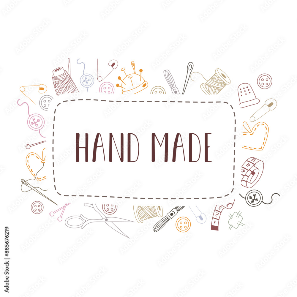 Different sewing tools and accessories in doodle style with frame. Hand made template. Various vector elements for crafting Different sewing tools and accessories in doodle style with frame. Hand made template. Various vector elements for crafting