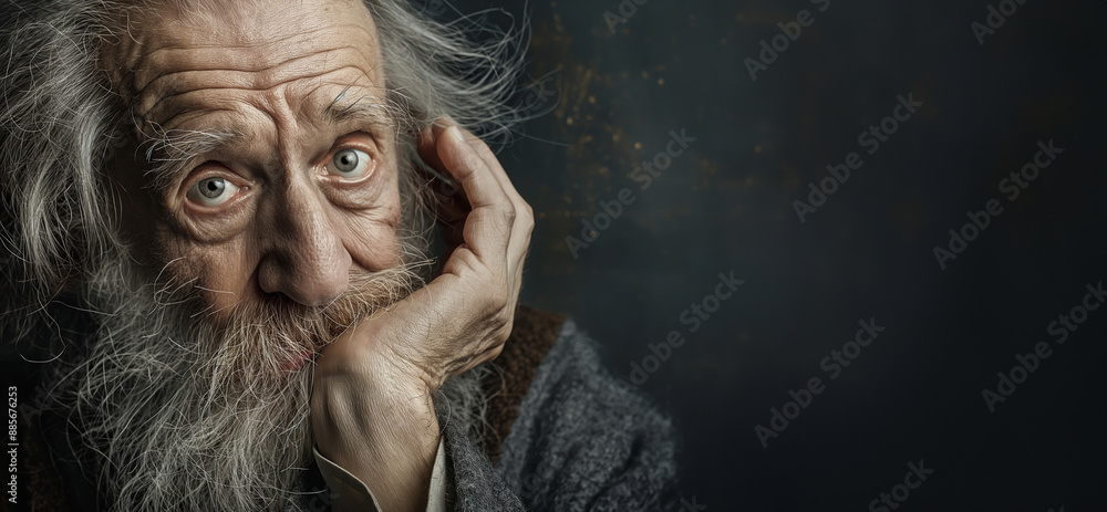 An elderly person with grey hair holds one ear, set against a dark background, evoking introspection and wisdom. An elderly person with grey hair holds one ear, set against a dark background, evoking introspection and wisdom.