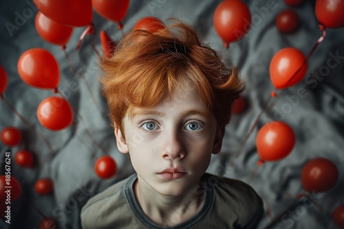 A young red-haired boy with wide eyes surrounded by numerous red balloons, evoking a sense of wonder and curiosity. photo