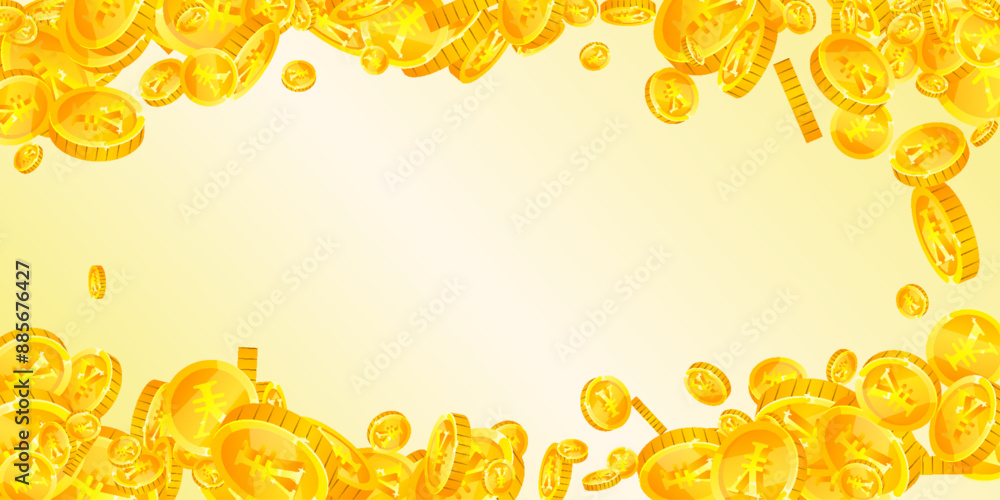 Chinese yuan coins falling. Scattered gold CNY Chinese yuan coins falling. Scattered gold CNY