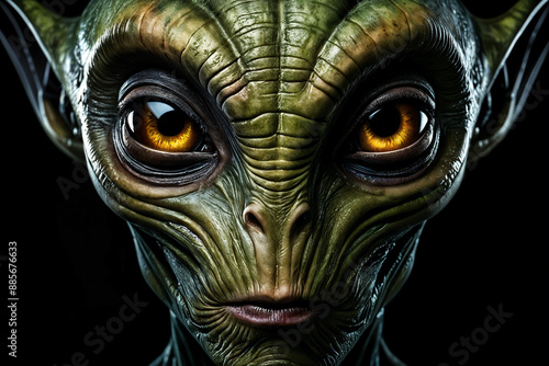 Close-up of an alien's face, with large, expressive eyes and a detailed texture on the skin.