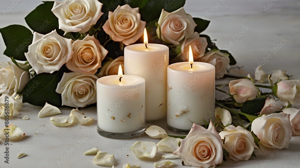 A bouquet of white roses Bunch of candles sitting on table Perfect for creating cozy
A bouquet of white roses Bunch of candles sitting on table Perfect for creating cozy