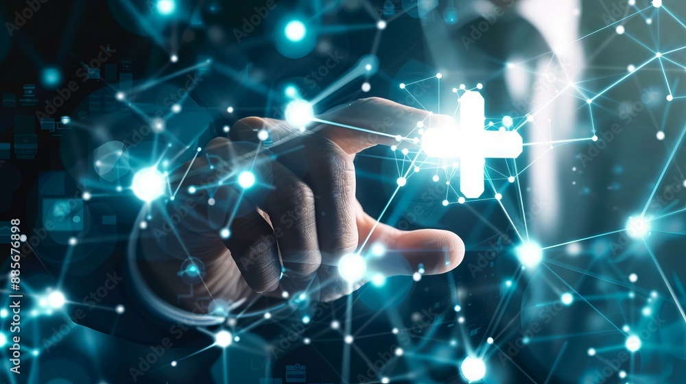 Fototapeta premium Hand touching digital plus sign. A hand reaches out to touch a glowing plus sign in a digital network.