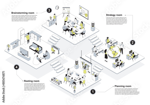 Outsourcing company 3d isometric concept in outline design for web. People working in isometry rooms in office with planning, strategy, brainstorming departments, resting area. Vector illustration.
