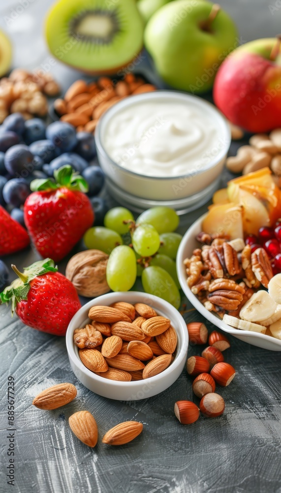 Healthy Snack Box with Nuts, Fruits, and Yogurt on Work Desk - Ideal for Diabetic-Friendly Options Healthy Snack Box with Nuts, Fruits, and Yogurt on Work Desk - Ideal for Diabetic-Friendly Options