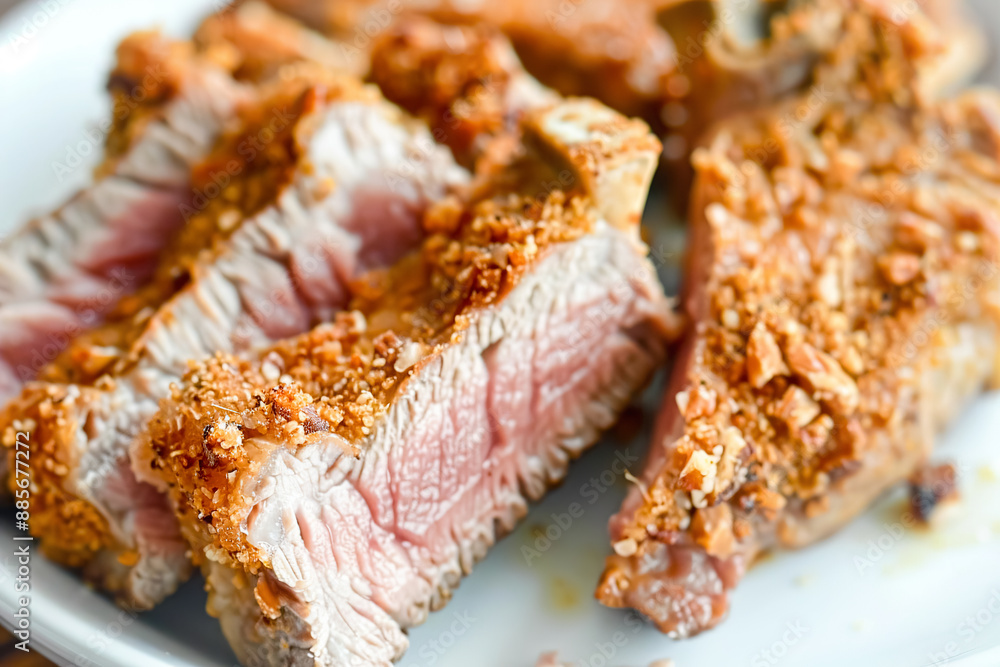 Grilled pork ribs with garlic and salt on a white plate. Grilled pork ribs with garlic and salt on a white plate.