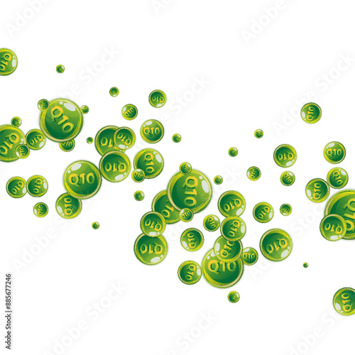 Vitamin Q10 round capsules scattered randomly.
