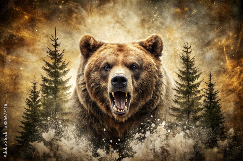 A Grizzly Bear Roaring Through the Trees in a Misty Forest. Generative AI A Grizzly Bear Roaring Through the Trees in a Misty Forest. Generative AI
