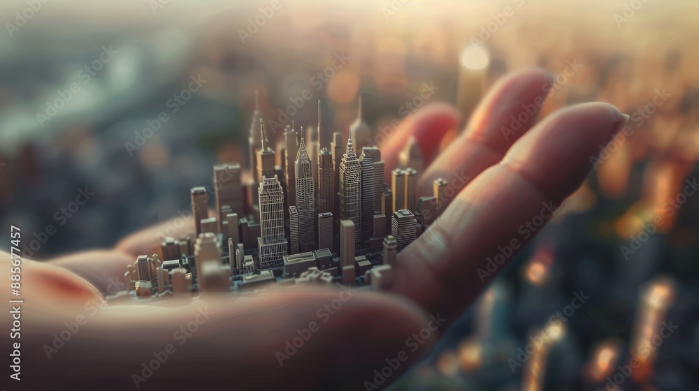 Miniature cityscape in hand. A hand holds a miniature cityscape against a blurred background of urban sprawl. Miniature cityscape in hand. A hand holds a miniature cityscape against a blurred background of urban sprawl.