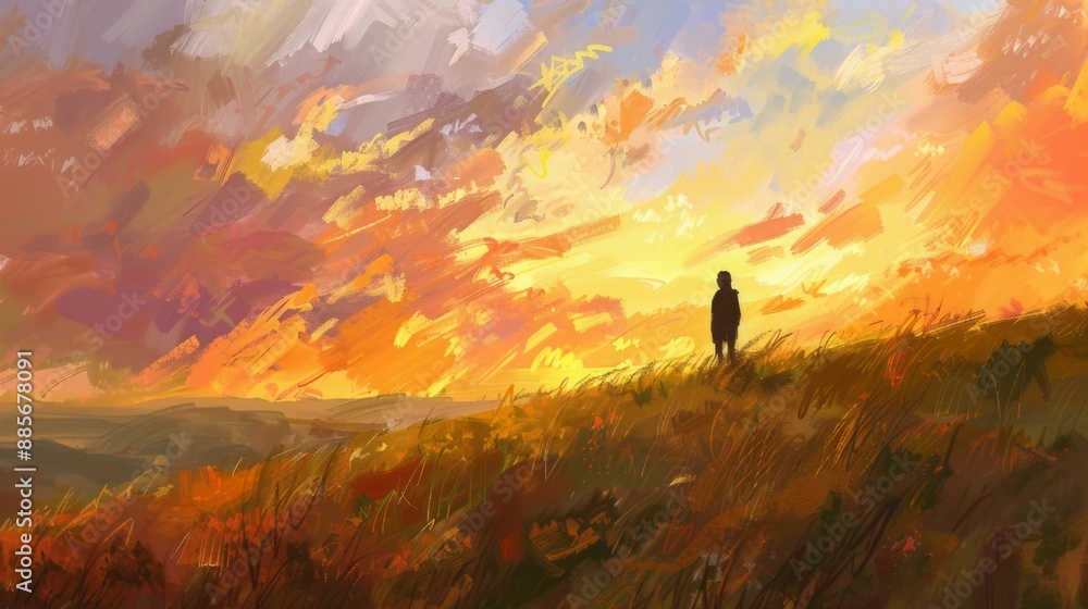 Silhouette person sunset landscape. A single person stands on a hill, watching the sunset over a grassy field. Silhouette person sunset landscape. A single person stands on a hill, watching the sunset over a grassy field.