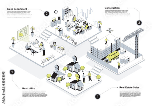 Real estate 3d isometric concept in outline design for web. People working in isometry rooms at head office and house sales department, workers building at construction site. Vector illustration.