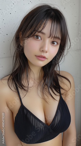 黒いレースのキャミソール姿の20代のかわいい女性