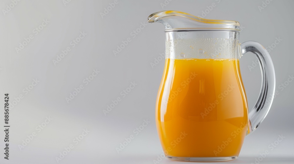Glass pitcher full of orange juice. A full glass pitcher of freshly squeezed orange juice on a white background. Glass pitcher full of orange juice. A full glass pitcher of freshly squeezed orange juice on a white background.