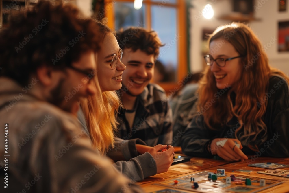 Fototapeta premium Joyful LGBTQ Game Night with Friends Playing Board Games in a Warm, Cozy Home Setting