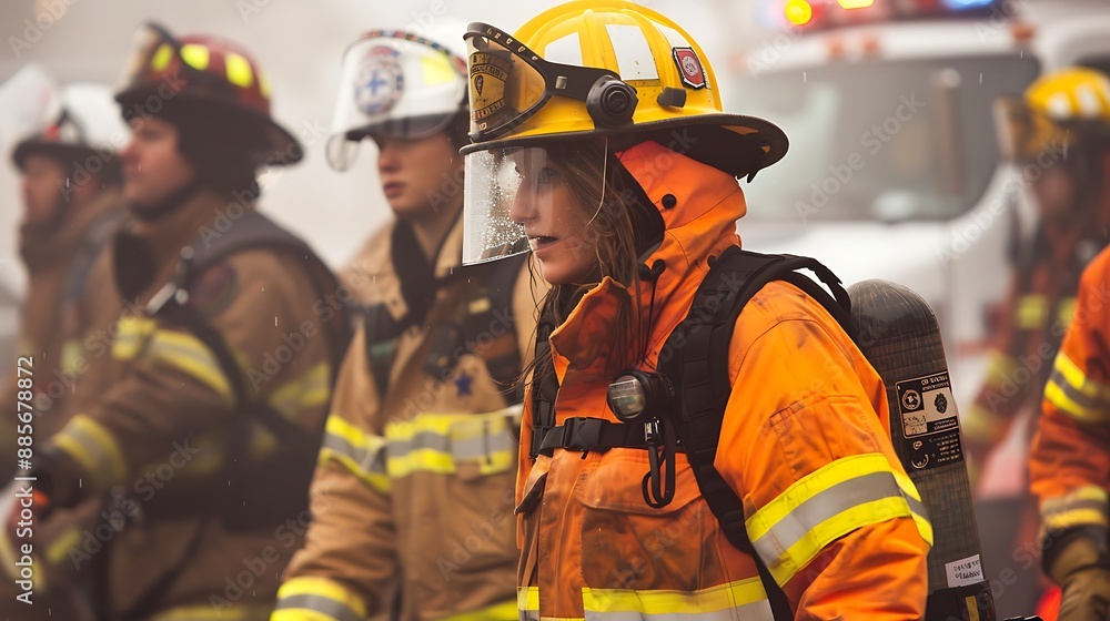 Firefighters and firemen at the scene of a fire in the city Firefighters and firemen at the scene of a fire in the city