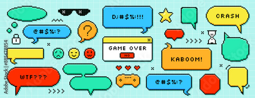 Set of color pixel dialogue boxes different shape. Chat speech bubbles, message frames, dialogue balloons with swear words in 8bit retro style. Pixelated game over, kaboom text, smile or heart sticker