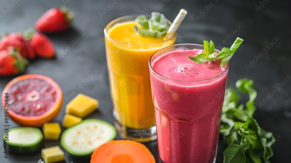 Vibrant Vegetable and Fruit Smoothie Drinks with Fresh Produce and Garnishes Vibrant Vegetable and Fruit Smoothie Drinks with Fresh Produce and Garnishes