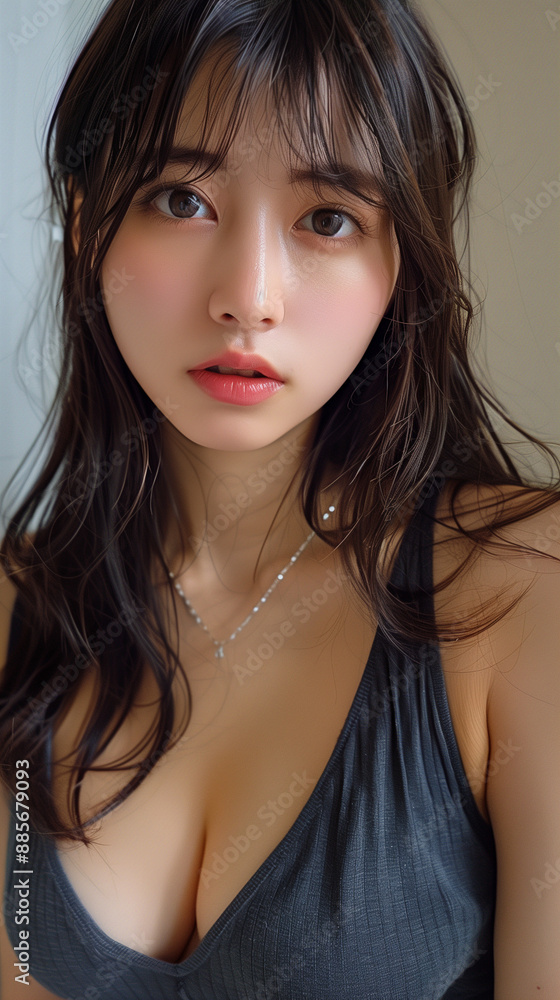 濃いグレーのキャミソールを着ている女性 濃いグレーのキャミソールを着ている女性