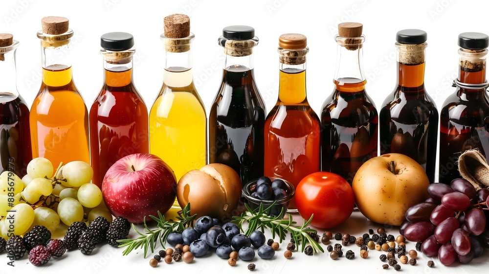 Assorted Bottles of Cooking Oils and Vinegars with Fruits Assorted Bottles of Cooking Oils and Vinegars with Fruits