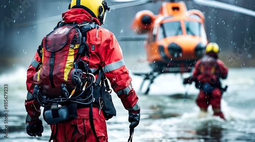 Firefighter and rescue team in action during a water rescue training