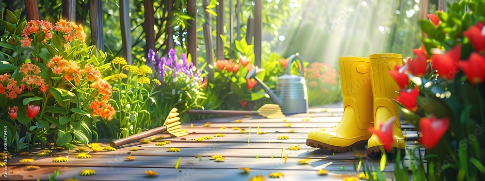 Fototapeta premium A vibrant garden scene with colorful flowers, gardening tools like shovels and rakes placed on the wooden walkway next to yellow rain boots, and an old watering can filled with water in sunlight