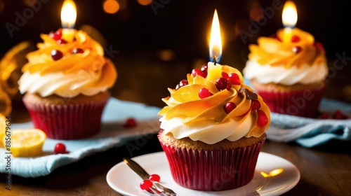 A solitary cupcake with a candle, resting on a dark surface