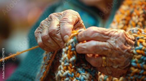 A close-up of hands knitting a scarf in a community center. 