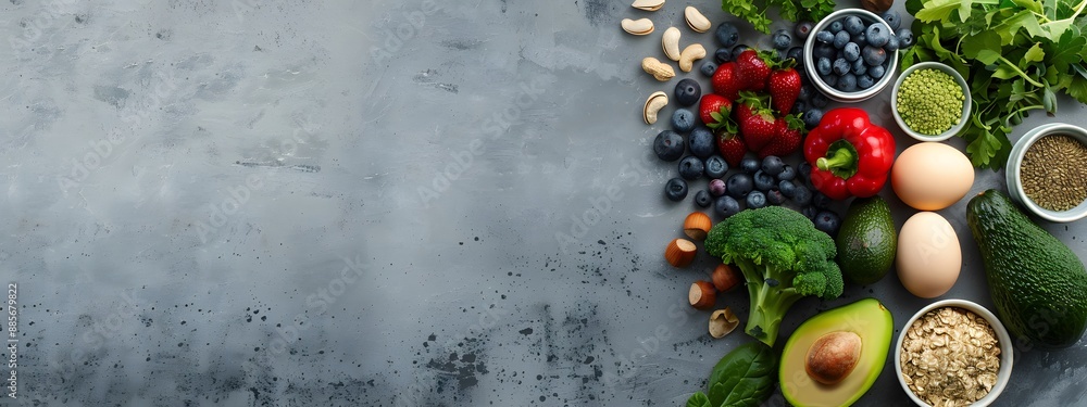 A variety of fresh, vibrant fruits and vegetables including avocados, blueberries, red grapes, broccoli, bell peppers, spinach leaves, eggs, nuts such as walnuts or hazelnuts, and dried items A variety of fresh, vibrant fruits and vegetables including avocados, blueberries, red grapes, broccoli, bell peppers, spinach leaves, eggs, nuts such as walnuts or hazelnuts, and dried items