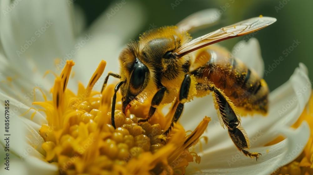 A close-up of a honeybee collecting nectar from a bright yellow flower in a sunny garden during springtime A close-up of a honeybee collecting nectar from a bright yellow flower in a sunny garden during springtime
