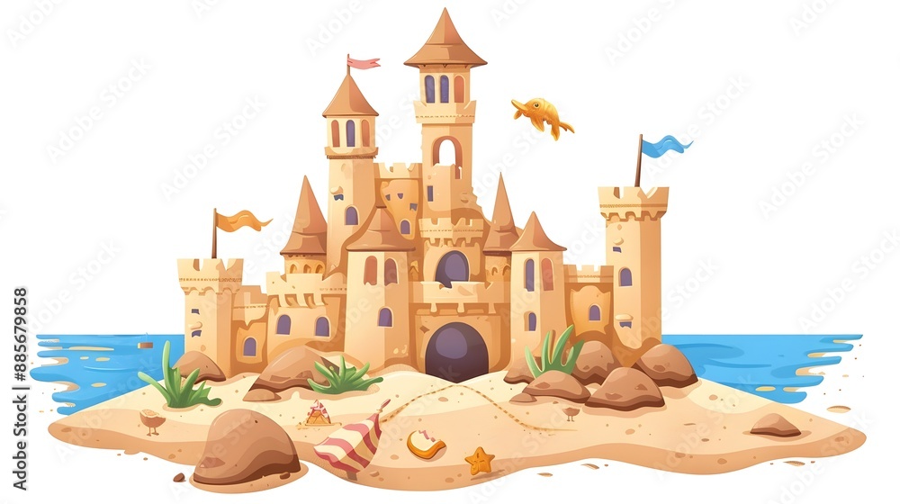 Whimsical Sand Castle and Tropical Beach Scene on White Background Whimsical Sand Castle and Tropical Beach Scene on White Background