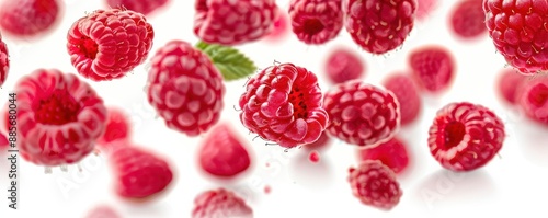 A close up of a bunch of raspberries with a leaf on top.