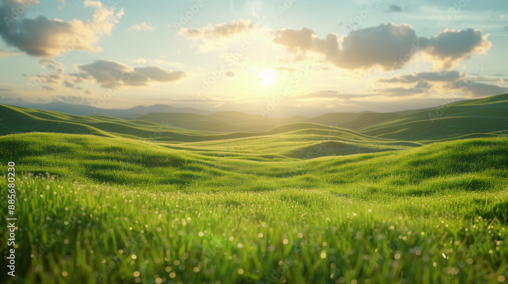 Green meadow with sun shining through puffy clouds, summer landscape Green meadow with sun shining through puffy clouds, summer landscape