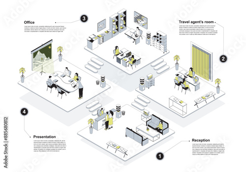 Travel agency 3d isometric concept in outline design for web. People working in isometry rooms at reception hall, travelling agents selecting resort tours for clients in office. Vector illustration.