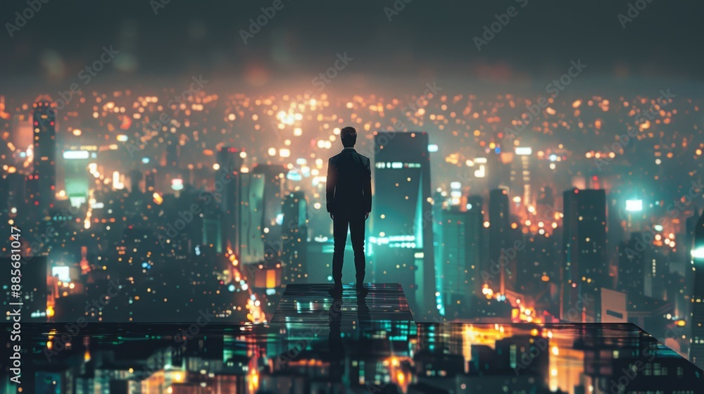 Man looking over cityscape at night. Silhouette of a man standing on a rooftop overlooking a city at night. Man looking over cityscape at night. Silhouette of a man standing on a rooftop overlooking a city at night.