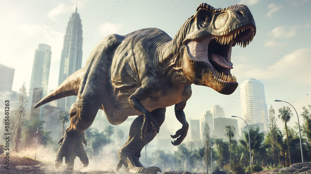 Obraz premium The Tyrannosaurus rex dinosaurs. It was a large carnivorous dinosaur that lived during the late Cretaceous period. T-Rex dinosaurs rampaging through a city