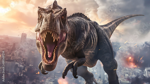 Fototapeta Naklejka Na Ścianę i Meble -  The Tyrannosaurus rex dinosaurs. It was a large carnivorous dinosaur that lived during the late Cretaceous period. T-Rex dinosaurs rampaging through a city