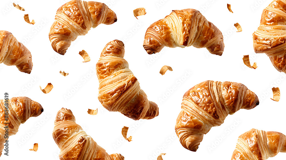 Croissants that fresh and delicious falling in the air isolated on withe background, Breakfast time, popular plain croissant breads, png file Croissants that fresh and delicious falling in the air isolated on withe background, Breakfast time, popular plain croissant breads, png file