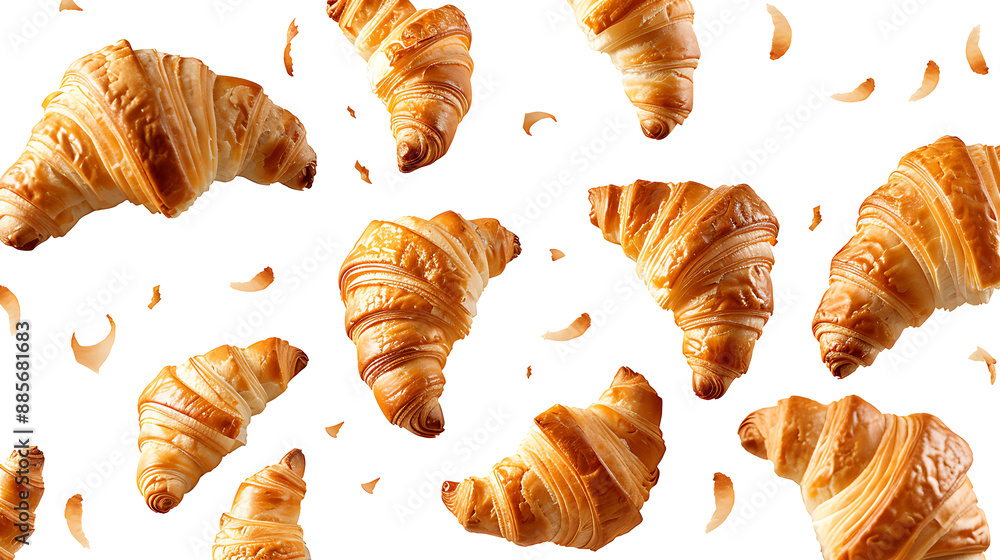 Croissants that fresh and delicious falling in the air isolated on withe background, Breakfast time, popular plain croissant breads, png file Croissants that fresh and delicious falling in the air isolated on withe background, Breakfast time, popular plain croissant breads, png file