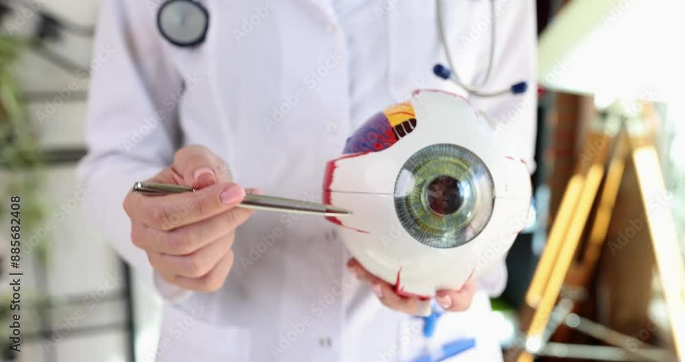 Doctor explains structure of eye pointing to details with pen. Woman in lab coat holds model of human eyeball with iris in hand slow motion