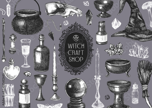 Bohemian style witchcraft background. Vinatge Halloween sketches. Hand-drawn vector illustration. Antique apothecary frame design. Witchcraft shop banner. NOT AI generated