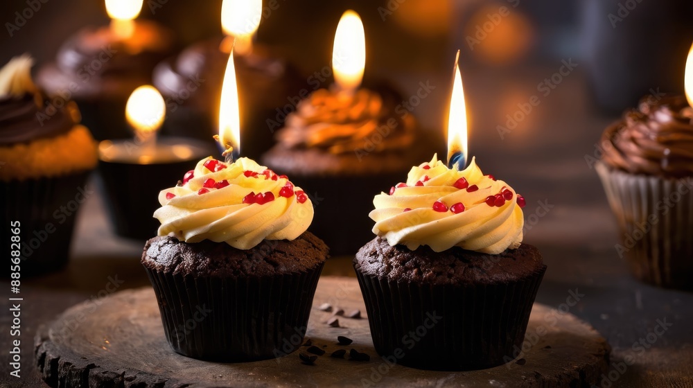 A cupcake with a candle on it, positioned on a dark surface, featuring a symmetrical composition A cupcake with a candle on it, positioned on a dark surface, featuring a symmetrical composition