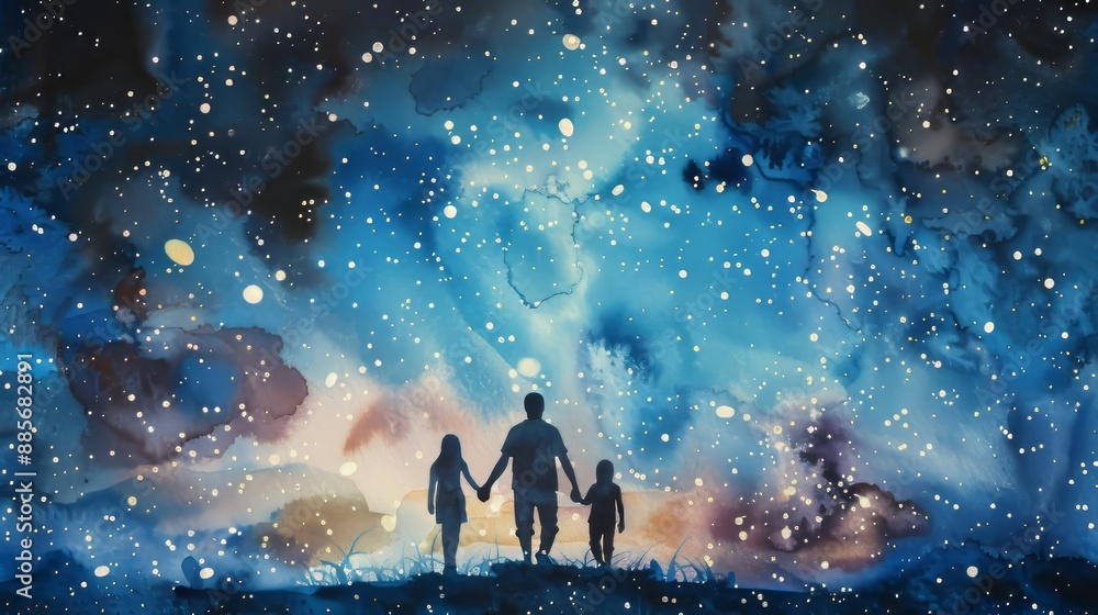 Fototapeta premium Family silhouettes under starry night sky. Watercolor painting of a family standing beneath a vast, starry night sky.