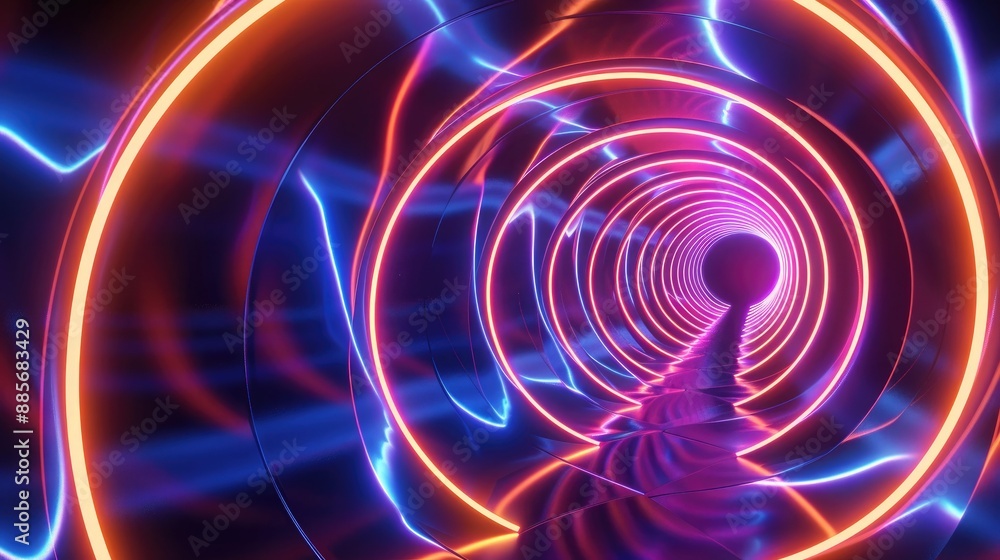 Obraz premium A vibrant neon wave illustration depicting multiple circular paths with glowing, intersecting lines that form a dynamic background.