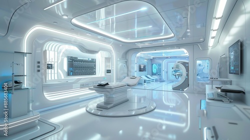 Futuristic Healthcare Clinic with Advanced Diabetes Monitoring Technology in a High-Tech Environment