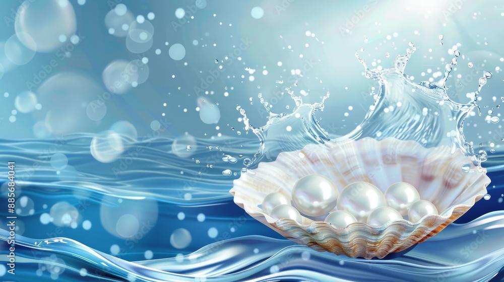Pearl cosmetics, scallop shell podium, blue water splashes and white pearls on wave ripple. Vector elegant display blending beauty of pearls and sea, captivating showcase for natural cosmetic products Pearl cosmetics, scallop shell podium, blue water splashes and white pearls on wave ripple. Vector elegant display blending beauty of pearls and sea, captivating showcase for natural cosmetic products