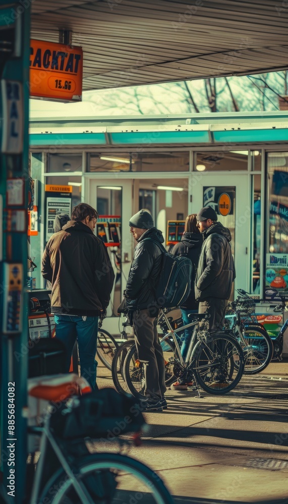 Obraz premium Group of Friends Discussing Alternative Transportation at Gas Station with No Fuel, Daytime Setting