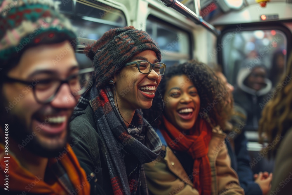 Happy Friends Enjoying a Subway Ride Together, Engaging in Lively Conversation, Urban Commute Adventure Happy Friends Enjoying a Subway Ride Together, Engaging in Lively Conversation, Urban Commute Adventure