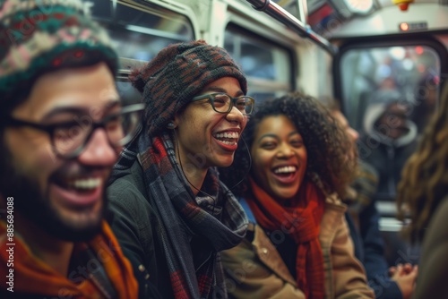 Happy Friends Enjoying a Subway Ride Together, Engaging in Lively Conversation, Urban Commute Adventure © spyrakot
